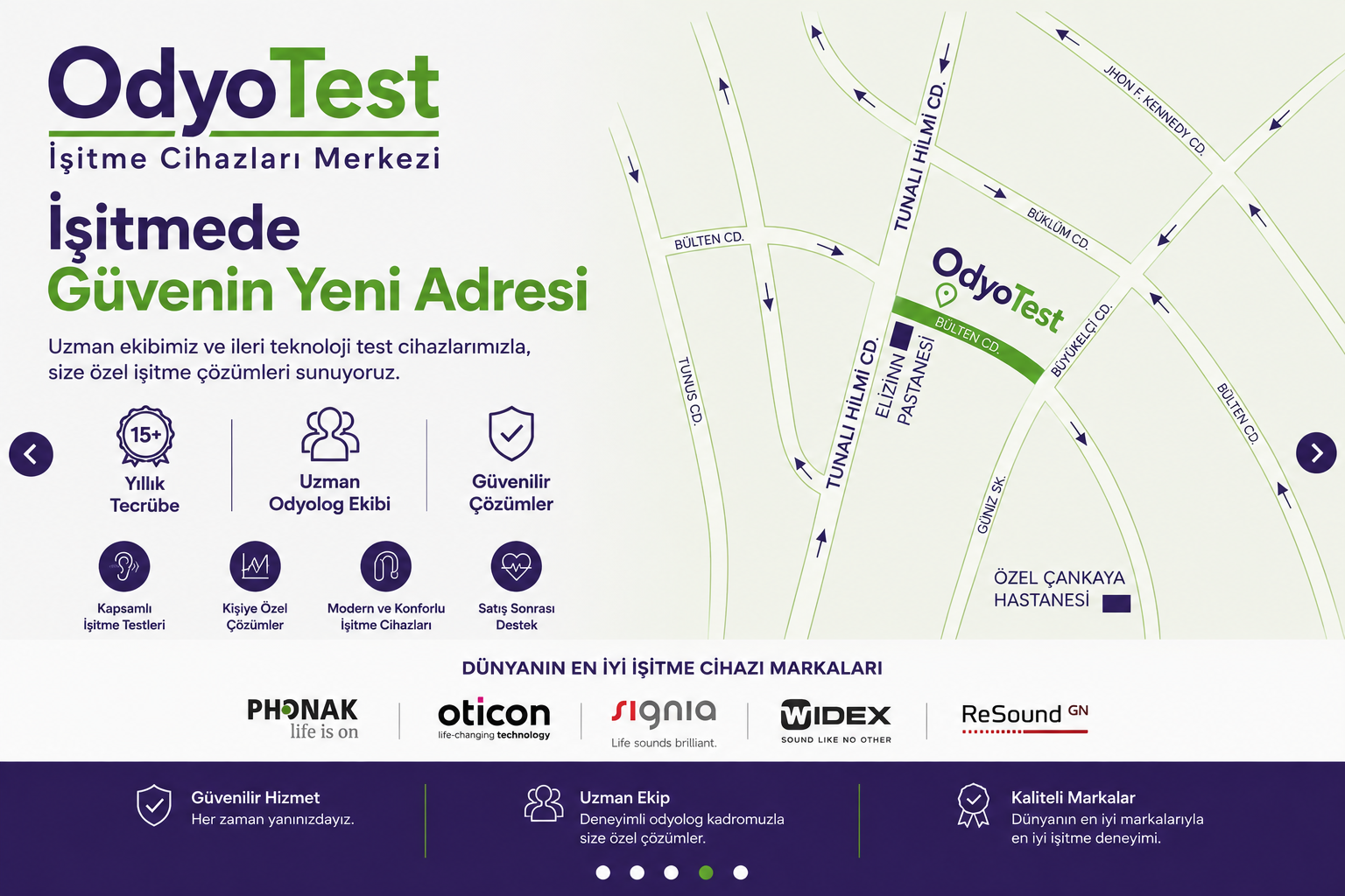 OdyoTest İşitme Cihazları Merkezi tanıtım görseli: İşitmede Güvenin Yeni Adresi sloganı, 15+ yıllık tecrübe, uzman odyolog ekibi ve güvenilir çözümler rozetleri; Çankaya Bülten Caddesi konum haritası ve Phonak, Oticon, Signia, Widex, ReSound marka logoları