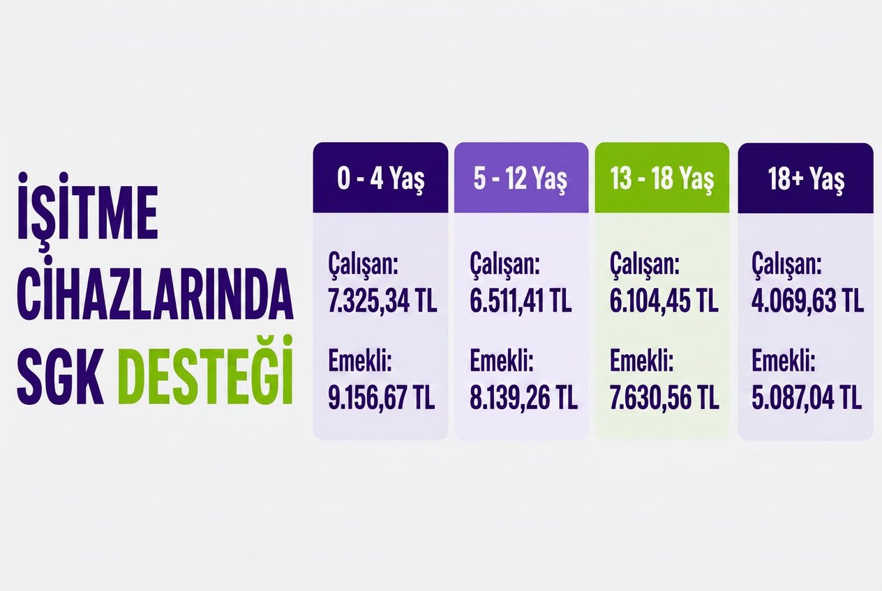 Bilgilendirme tablosu: işitme cihazlarında yaş gruplarına göre SGK katkı tutarları — 0-4 yaş çalışan 7.325,34 TL, emekli 9.156,67 TL; 5-12 yaş çalışan 6.511,41 TL, emekli 8.139,26 TL; 13-18 yaş çalışan 6.104,45 TL, emekli 7.630,56 TL; 18 yaş üstü çalışan 4.069,63 TL, emekli 5.087,04 TL
