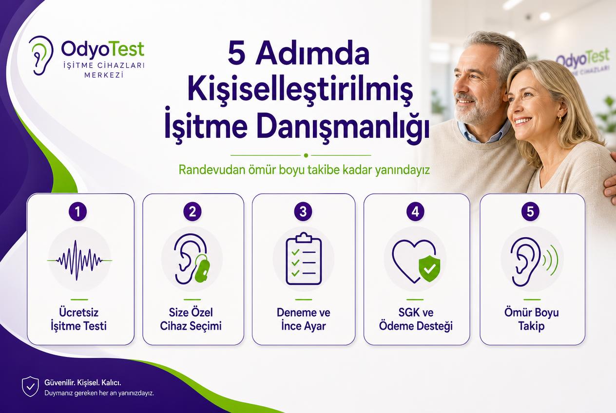 Bilgilendirme görseli: OdyoTest'te 5 adımlı danışmanlık süreci — 1) ücretsiz işitme testi, 2) size özel cihaz seçimi, 3) deneme ve ince ayar, 4) SGK ve ödeme desteği, 5) ömür boyu ücretsiz kontrol ve takip